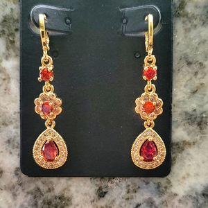 Elegant Red Drop Earrings - Plated Gold- New